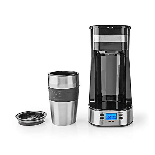 Ex-Pro Single Serve Coffee 1 Cup Maker Digital Machine and Double Wall Insulated Travel Mug, with Timer, Stainless Steel, 420ml - Silver/Black
