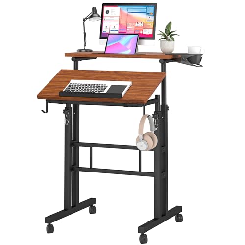 Klvied Rolling Mobile Desk with Cup Holder, Portable, Adjustable Height Small Stand up Desk on Wheels for Home Office Laptop Cart, Computer, Stan
