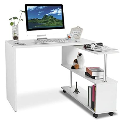 360 Degree Rotating Adjustable L Shape Corner Computer Desk with Bookcase Computer Desk PC Laptop Desk Large Desk with 4 Wheels for Home Office (