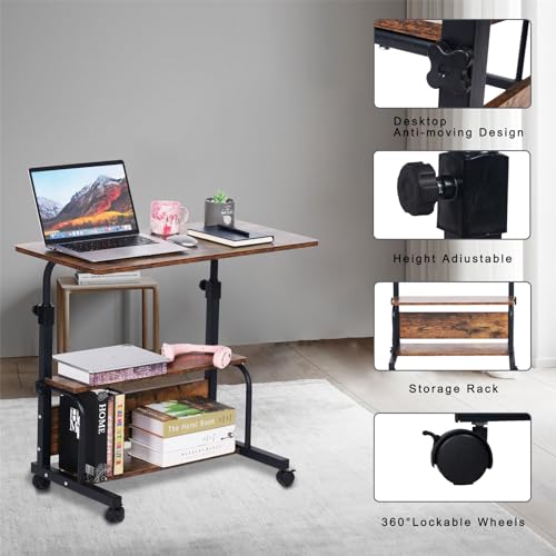 Portable Rolling Desk Adjustable Height Small Standing Desk on Wheels, 32 Inch Computer Desk Laptop Table for Home Office Study Student Desk with