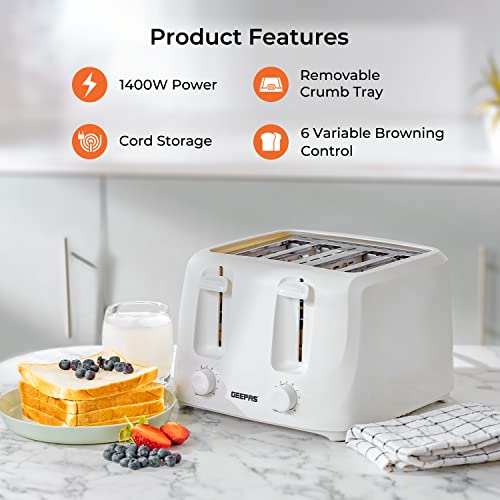 Geepas 4 Slice Bread Toaster with 6 Level Browning Control | Removable Crumb Tray, Cancel Function, Cord Storage & Cool Touch Plastic Housing | 1