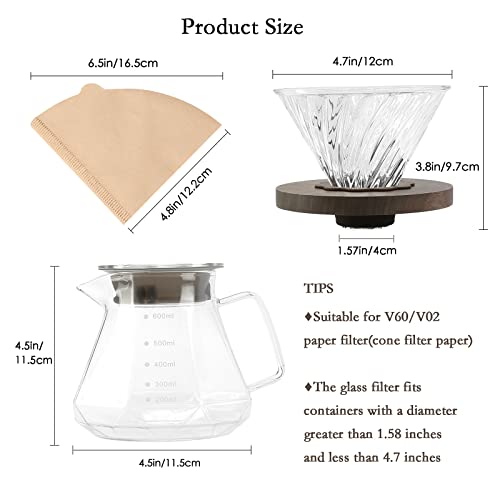 Lalord Pour Over Coffee Maker, 600 ml Borosilicate Glass Carafe with V60 Paper Filter 80 Sheets, Walnut Handle, Drip Coffee Maker for Home Café R