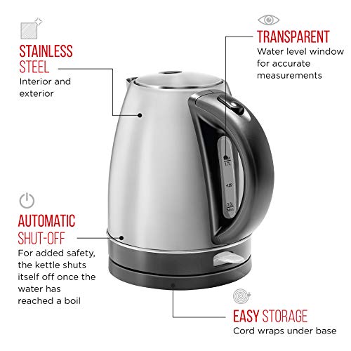 Chefman Stainless Steel Electric Kettle w/ 360° Swivel Base, Auto Shut-off & Boil-dry Protection, BPA-free Interior and Cool-touch Handle, 7+ Cup