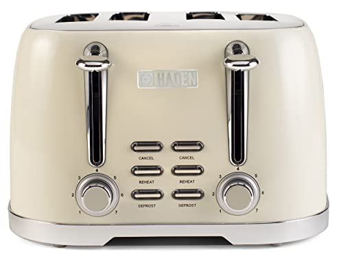 Haden Brighton Cream Toaster 4 Slice - Electric Stainless Steel Toaster - Reheat and Defrost Functions - 6 Variable Browning Controls - Self Cent