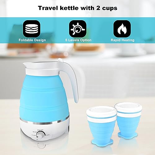 Tam88 Portable Travel Collapsible Kettle Lightweight for Campervan, 0.6L Folding Electric Camping Bedroom, Blue with Cups