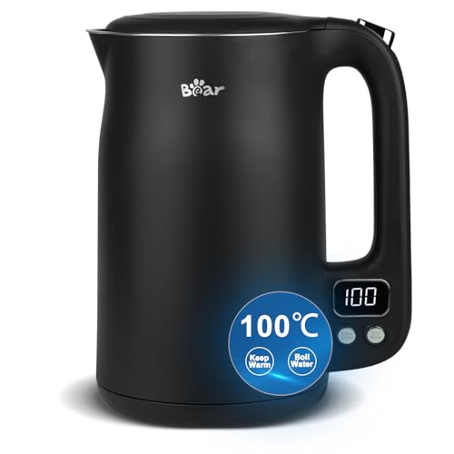 Bear 1.7L Temperature Cntrol Black Kettle LED Display with 11 Temperatures 1800w 304 Stainless Steel Black Kettle, Dry Protection, Double Scald P