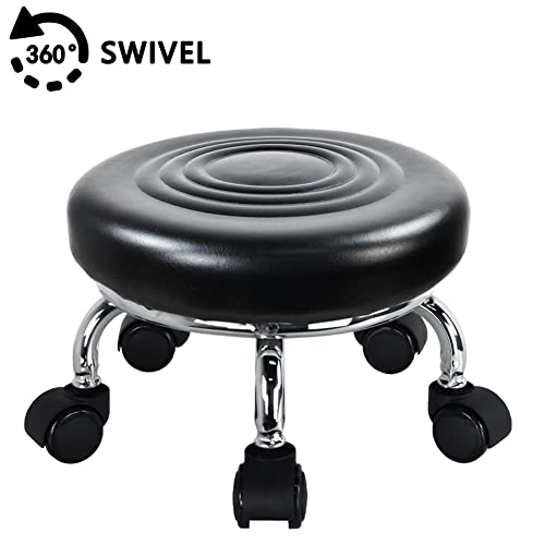 WKWKER Modern Roller Seat PU Leather Low Round Rolling Stool Swivel Small Stool with Universal Caster Wheels for Home Office Garage Shop Fitness