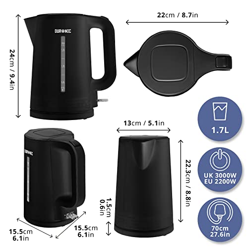 Duronic Electric Kettle EK17 /BK | BLACK 1.7L Fast Boil Kettle | 3000W Power | Contemporary Design | Cordless | 360° Base | Auto Shut-Off/Boil-Dr
