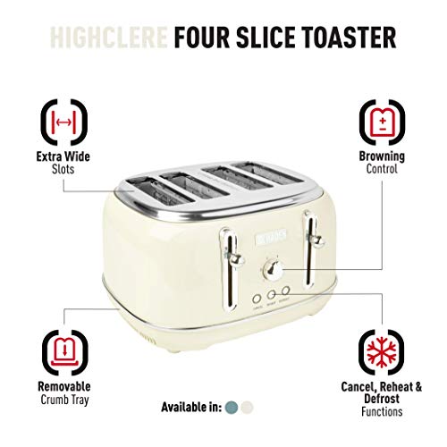 Haden Highclere Cream Toaster 4 Slice - Electric Stainless steel Toaster With Reheat And Defrost Functions - Easy To Clean - Removable Crumb Tray