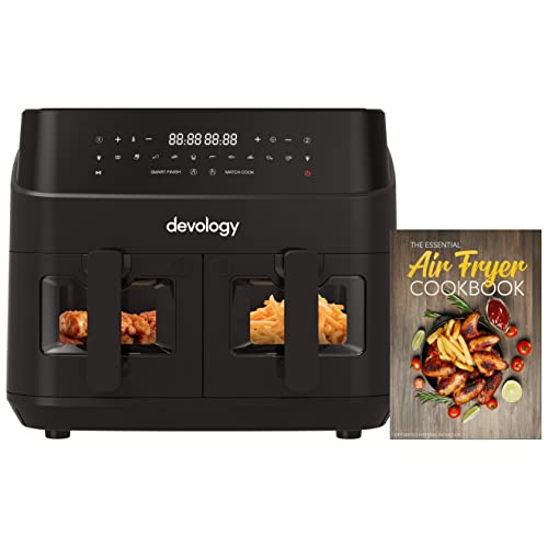 Devology Double Air Fryer - 9L - 2 x 4.5L Independent Cooking Zones With Light Up Glass Front - Free 50 Recipe Cookbook- 10 Cooking Programs - Di