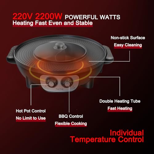 Food Party Hot Pot Electric with BBQ Grill Hotpot Chinese Pot Cooker 220V 2200W Korean Barbecue Thai ShabuShabu 2 in 1 Set