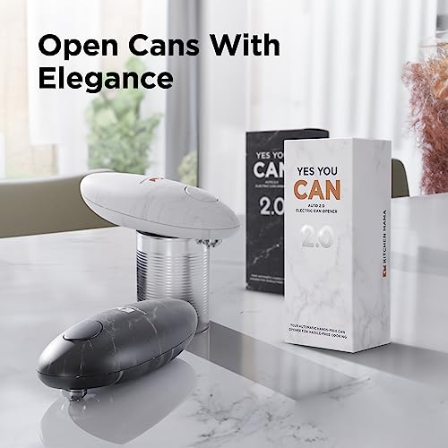 Kitchen Mama Electric Tin Can Opener V2 - Upgraded Blade Opens Any Can Shape, Smooth Edges, Hygienic Lid Remover, Compact & Cordless - Marble Whi