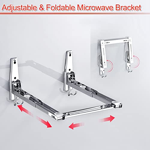 EsLuker.ly Universal Stainless Steel Microwave Oven Wall Mount Bracket with Removable Hooks, Arm Adjustable Foldable Kitchen Stretch Oven Stand S