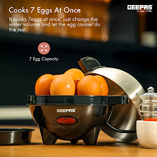 Geepas 3-in-1 Egg Boiler Poacher, 350W | Electric Egg Cooker & Omelette Maker, Vegetable Steamer | Poaching Bowl, Measuring Cup with Egg Piercer