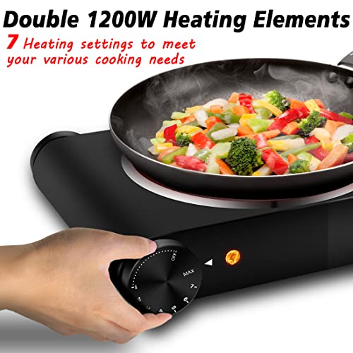 Double Hot Plate, CUSIMAX 2400W Electric Hob Ceramic Hot Plate, Portable Double Camping Hob Infrared Cooktop with Dual Temperature Control, Easy