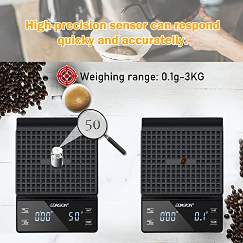 Digital Coffee Scale with Timer 0.1g/3KG High Precision Kitchen Scale Waterproof Electronic Food Weighing Espresso Scale, Large LED Display, Touc