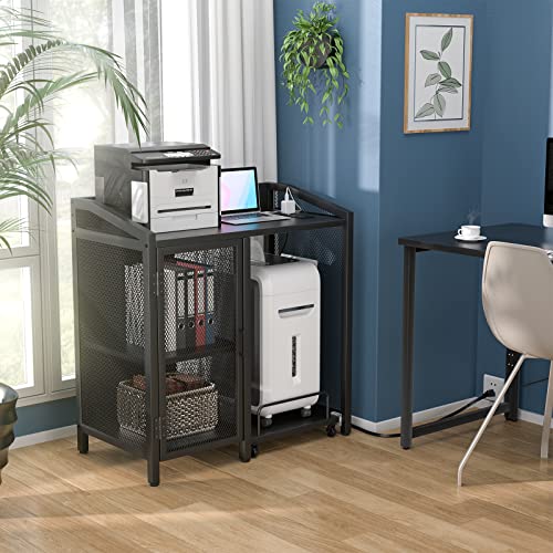 Unikito File Cabinet with Paper Shredder Stand On Wheel, Modern Vertical Filing Cabinet with Socket and USB Charging Port, Large Printer Stand wi