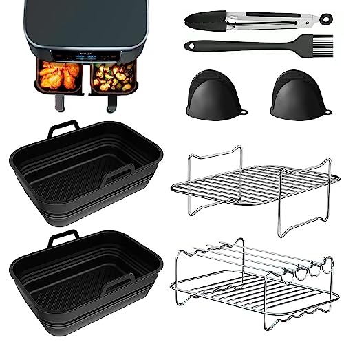 Alrens 8.5'' Foldable Silicone Air Fryer Liners, Dual Accessories Set for Ninja AF400UK &AF451UK, Kit with Rack, Gloves, Food Clip, Oil Brush
