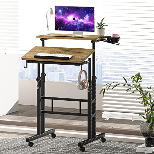 Klvied Rolling Mobile Desk with Cup Holder, Portable, Adjustable Height Small Stand up Desk on Wheels for Home Office Laptop Cart, Computer, Stan