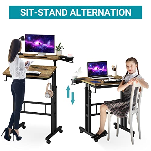 Klvied Rolling Mobile Desk with Cup Holder, Portable, Adjustable Height Small Stand up Desk on Wheels for Home Office Laptop Cart, Computer, Stan
