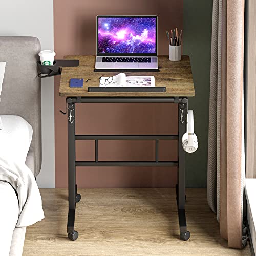 Klvied Rolling Mobile Desk with Cup Holder, Portable, Adjustable Height Small Stand up Desk on Wheels for Home Office Laptop Cart, Computer, Stan