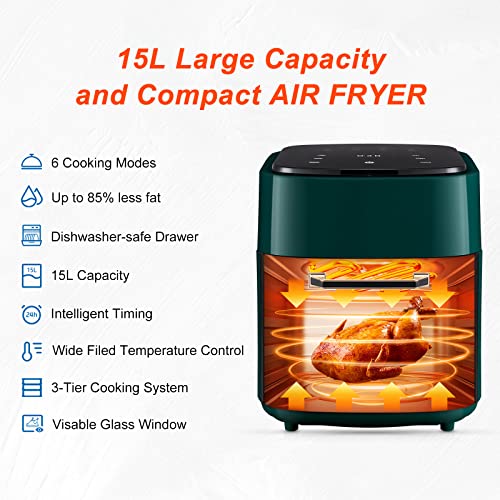 INMOZATA Air Fryer 15L, Oil Free Air Fryer Oven with 3Ties, Rapid Air Circulation, One-Touch Digital Screen, 4Presets & Warm & 24Hours Timing, Di