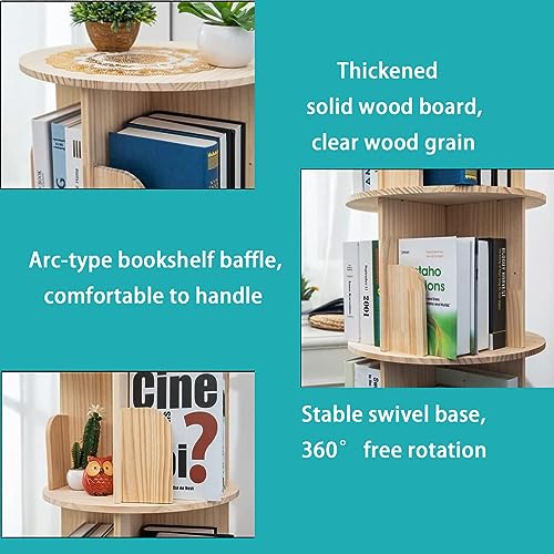 MYOYAY 4-Tier Solid Wood Bookshelf Floor Standing Bookcase 360° Rotation Book Storage Cabinet Magazines Potted Plants Display Stand Holds Up to 2