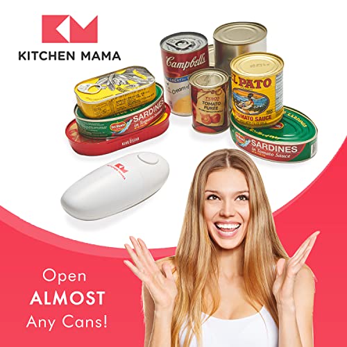 Kitchen Mama Electric Can Opener - Smooth Edge Tin Opener with Easy-Touch Start & Stop, Ergonomic & Arthritic Hand Friendly, Compact Cordless Des