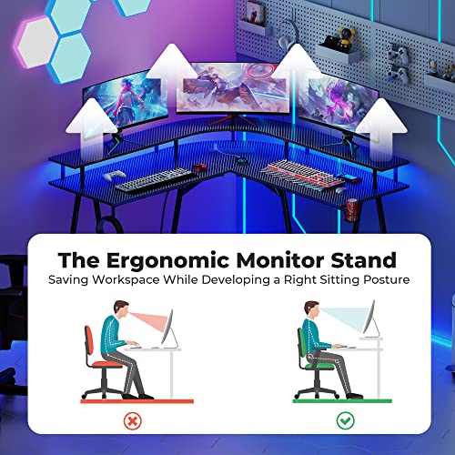 SUPERJARE L Shaped Gaming Desk with Power Outlets & LED Lights, Carbon Fiber Surface, Computer Desk with Monitor Stand, Home Office Desk Corner D