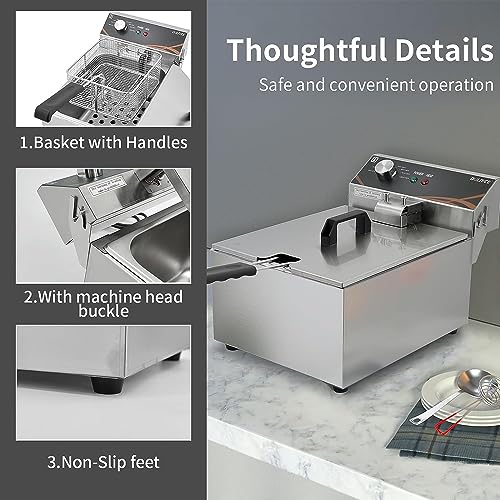DULNICE 3000W Electric Deep Fryer with Single Tank & Lid Commercial Deep Fat Fryer, 6 Litre Stainless Steel Countertop Kitchen Oil Chip Fryer Tem