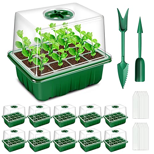 YAUNGEL Seed Trays, 10 Pack 120 Cells Propagator with Heightened Lids, Growing Thicken Seedling Starter Growing Trays with Adjustable Window for