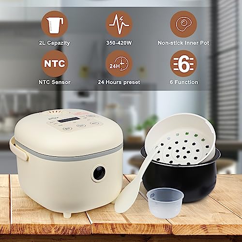 Bear Rice Cooker 2L with Steamer, 6 Rice Cooking Functions with Brown Rice, Steam, Porridge,Soup, Preset and Keep Warm, Multifunctional 350W Elec