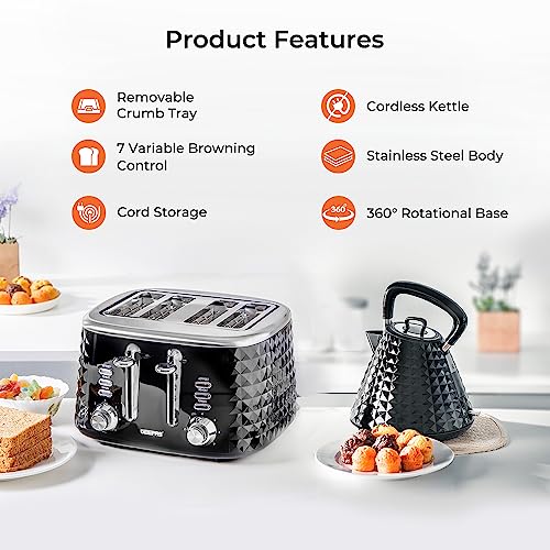 Geepas 4 Slice Bread Toaster & 1.5L Cordless Electric Kettle Combo Set with Textured Design – 1750W Toastie Machine with 7 Browning Control - 300