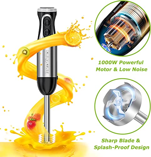 Bonsenkitchen Stainless Steel Hand Blender, 4-in-1 Stick Blender 1000W, 20 Speed Adjustable, with Whisk, 500ml Chopper and 700ml Measuring Cup, F