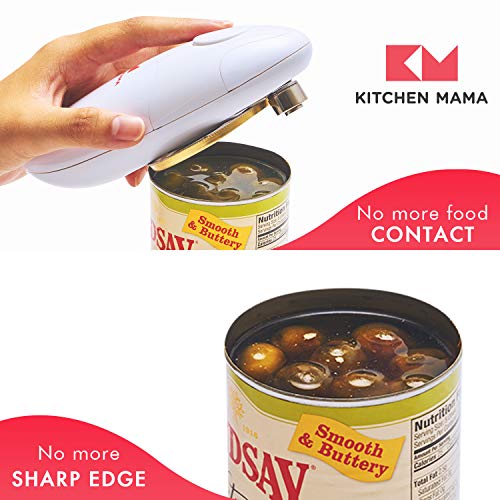 Kitchen Mama Electric Can Opener - Smooth Edge Tin Opener with Easy-Touch Start & Stop, Ergonomic & Arthritic Hand Friendly, Compact Cordless Des