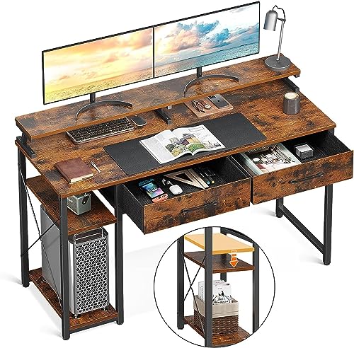 ODK Computer Desk with Drawers, Office Desk with Storage & Shelves, Work Writing Desk with Monitor Stand Shelf, Rustic Brown Home Office Desks fo