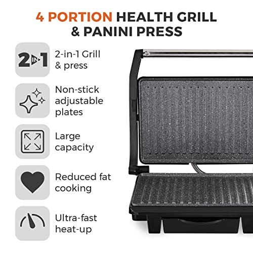 Tower T27009 Cerasure+ 4 Portion Health Grill & Panini Press with Non-Stick Plates, Drip Tray, 1000W, Black
