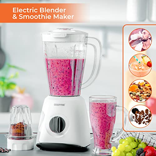 Geepas Electric Blender Smoothie Maker, Jug Blender 2 in 1 - 400W, White | Stainless Steel Blades| 1.5L Jar | Chopper, Coffee Grinder Smoothie Mi