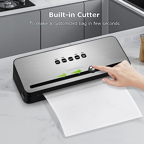 Bonsenkitchen Vacuum Sealer with Built-in Cutter & Roll Bag Storage, Lightweight for Dry and Moist Food Fresh Preservation, Vacuum Roll Bags & Ho