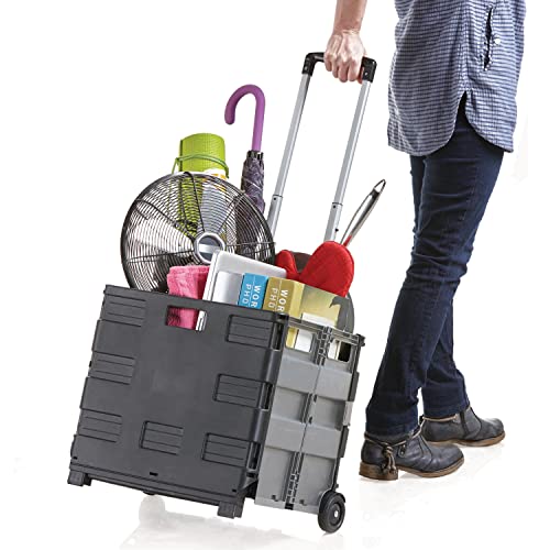 Inspired Living Ultra-Slim Rolling Collapsible Storage Pack-N-Roll Utility-carts, with Telescopic Handle, for Home, Garden, Shopping, Office, Sch