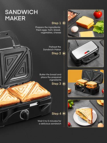 FOHERE Sandwich Toaster 3 in 1 Waffle Maker and Toasted Sandwich Maker with 5-Gears Temperature Setting and Non-Stick Teflon Coated Plates, Indep