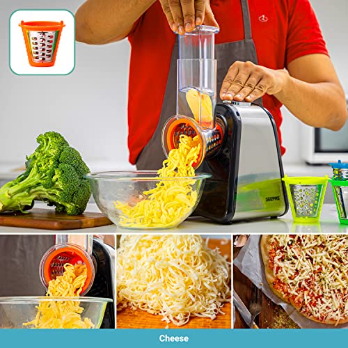 Geepas 200W 4 in 1 Electric Salad Maker | Electric, Multi Grater, Fruit Cutter, Vegetable Slicer, Shredder | Food Processor, Cylinder Design with