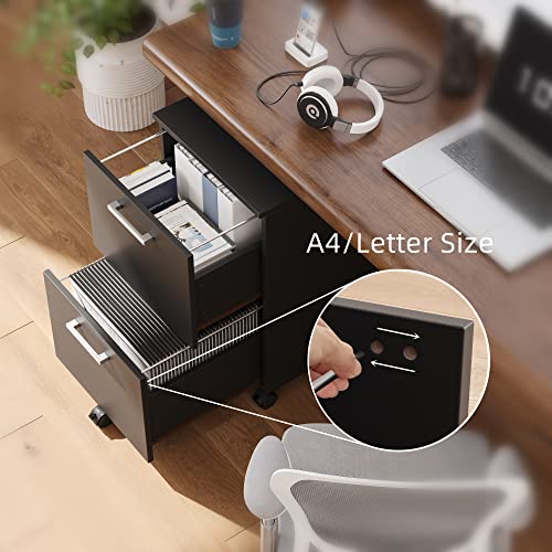 Rovaurx Office File Cabinet with 2 Drawers, Rolling Filing Cabinet, Mobile Cabinet, 5 Wheels, Suspended Folder, A4 and Letter Sized Documents, Bl