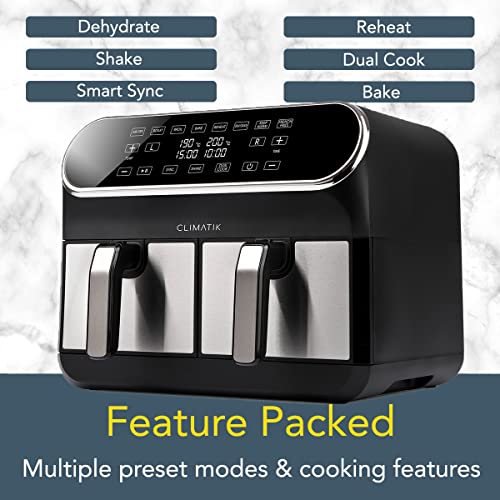 Climatik Premium Dual Air Fryer - Extra Large 8L Capacity - With 2 x 4L Double Baskets - Energy Efficent Cooking Zones - Sleek Chrome Design | LE