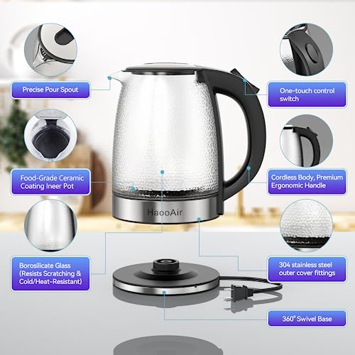 Haooair Electric Kettle Hammered Glasses Kettle, 1.8L Glass Tea Kettle 1200W Wide Opening, Limescale Inner liner Hot Water Boiler, LED Indicator