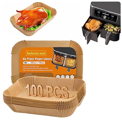 Ambrosia Designs 100pcs Air Fryer Liners Disposable for Ninja Dual Air Fryer, Air Fryer Accessories, Oil-Proof, Water-Proof, Food Grade Parchment