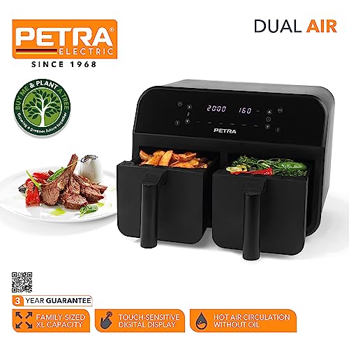 Petra PT4750BLK 7.4L Dual Air Fryer - Removable Non-Stick Cooking Drawers, Sync & Match Functions, XL Frying Trays, Adjustable Temperature, Digit