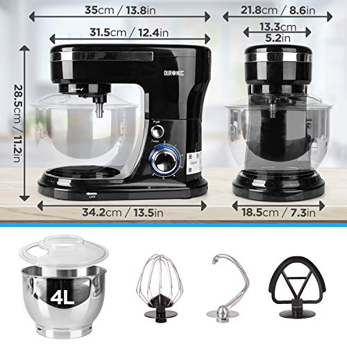 Duronic Electric Stand Mixer SM104, Kitchen Mixers, 6 Speed + Pulse Function, 1000W, 4 Litre Mixing Bowl with Splash Guard, Includes Beater, Whis