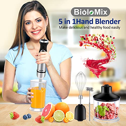 BioloMix Handheld Blender, Stainless Steel Hand Stick Blender, 4-In-1 Hand Blender with Egg Whisk, 600ml Beaker & 500ml Chopper Bowl for Smoothie