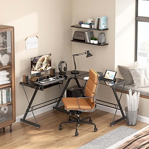 Wellynap L Shaped Glass Computer Desk,Corner L Desks Writing Desk, Gaming Table with Key Board, Space-Saving Workstation for Home, Office, Black